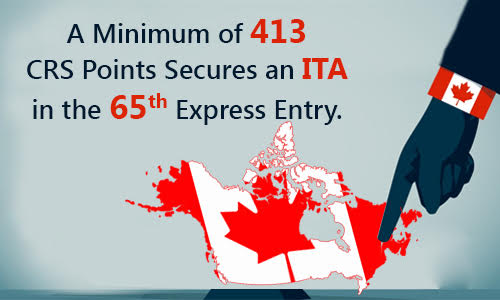 A minimum of 413 CRS points secures an ITA in the 65th Express Entry